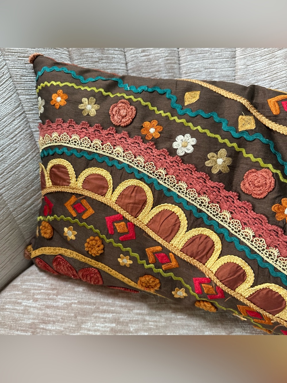 Pier One Lumbar Throw Pillow Embroider Accent Geometric Pattern, Gold, Yellow